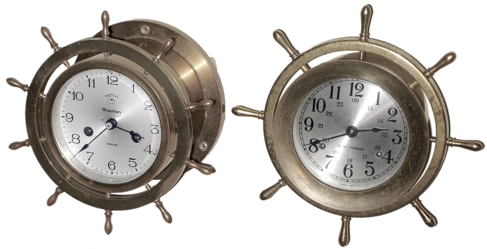 Clocks- 2 (Two) marine yacht-wheel 8 day ship's-bells brass wall clocks, Waterbury and Seth Thomas, 20th century — Antique Clocks Price Guide