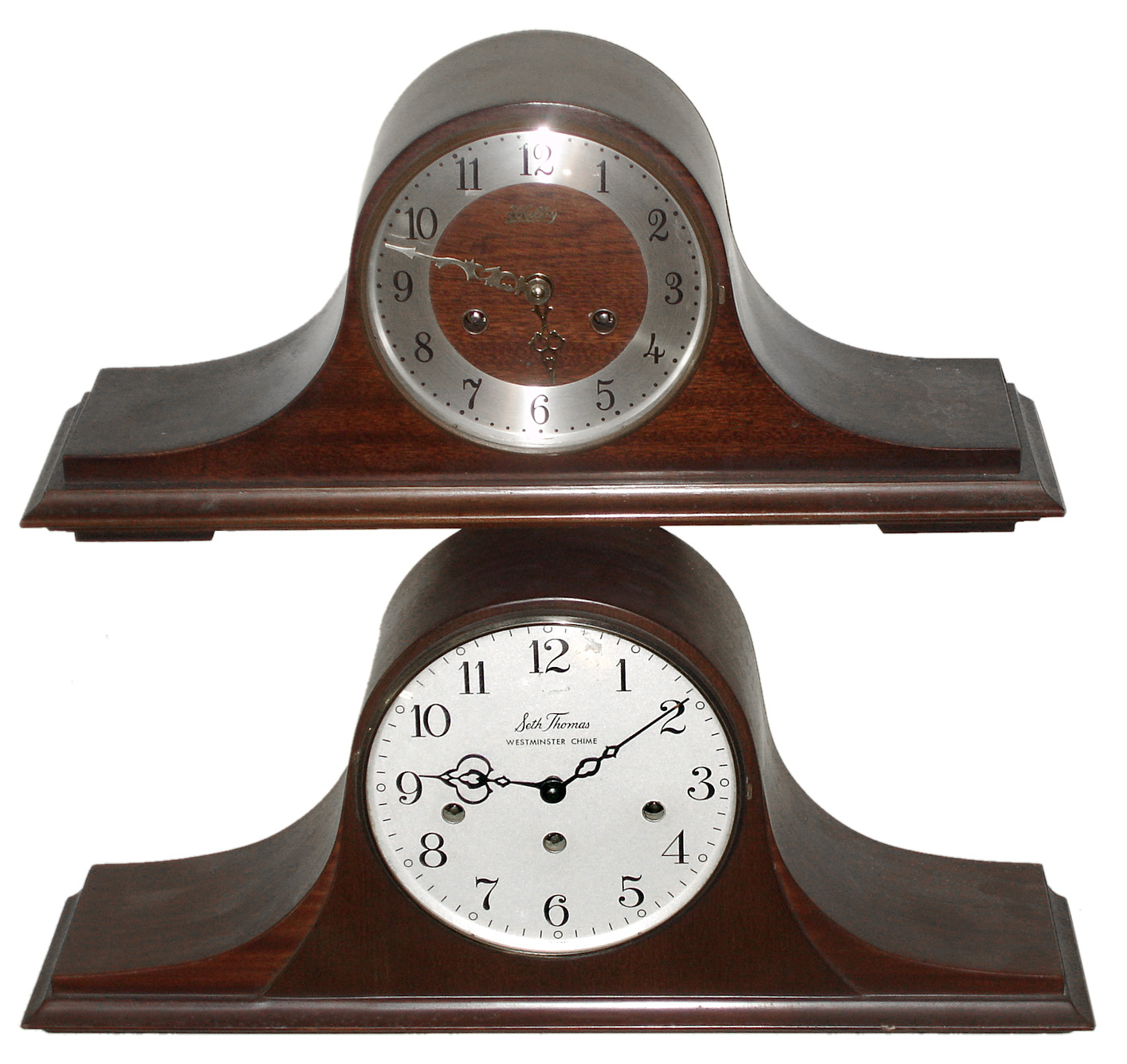 Clocks- 3 (Three) modern mahogany 8 day tambour mantel and wall clocks: Seth Thomas 1964 "Medbury" Westminster chime; Welby 1973 German time and strike; and (not shown) American Eagle Clock Limited Edition 31 day time and strike Asian hanging clock. — Antique Clocks Price Guide