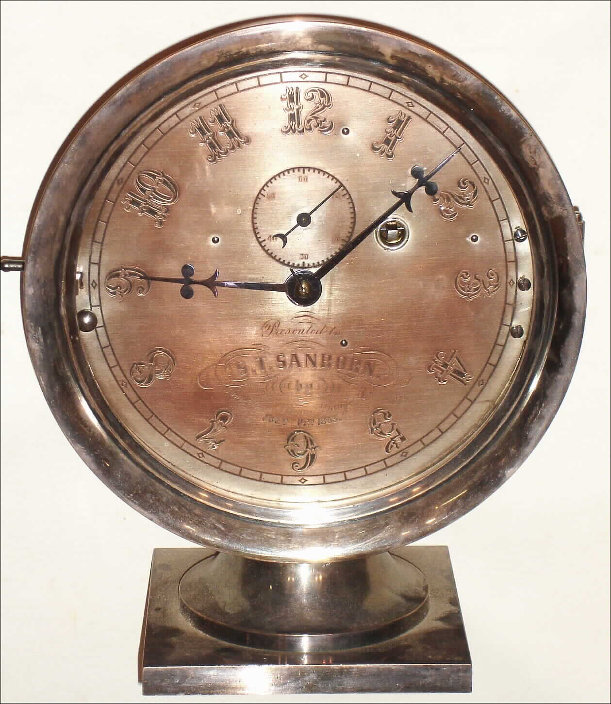 E. Howard and Co., Boston, Mass., "No. 69" marine or locomotive clock special order for the American Steam Gauge Company, 8 day, time only, spring driven movement with lever platform escapement in a nickel plated brass case on pedestal base with Arabic numeral nickel plated brass dial, c1863 — Antique Clocks Price Guide