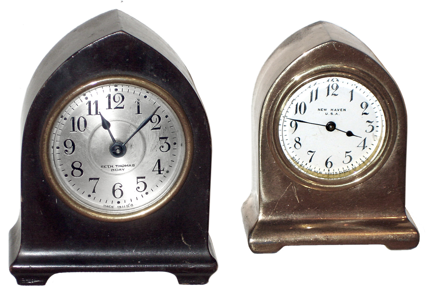 Clocks- 2 (Two) Connecticut miniature lancet case rear-wind desk time pieces, Seth Thomas and New Haven, early 20th century — Antique Clocks Price Guide