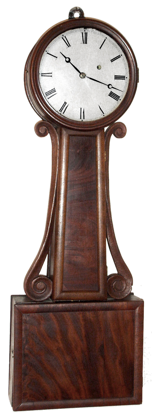 Banjo Clock, wood front mahogany 8 day weight driven Massachusetts time piece, possibly by Jonathan Billings, c1830 — Antique Clocks Price Guide