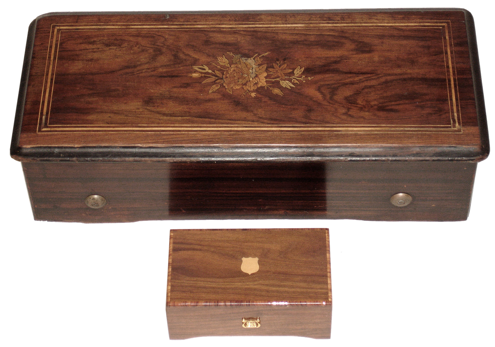 Music Boxes- 2 (Two) Swiss: 8-tune large cylinder player with inlaid and grained wood case, early 20th century; and modern Reuge small inlaid wood box playing Lara's Theme. — Antique Clocks Price Guide
