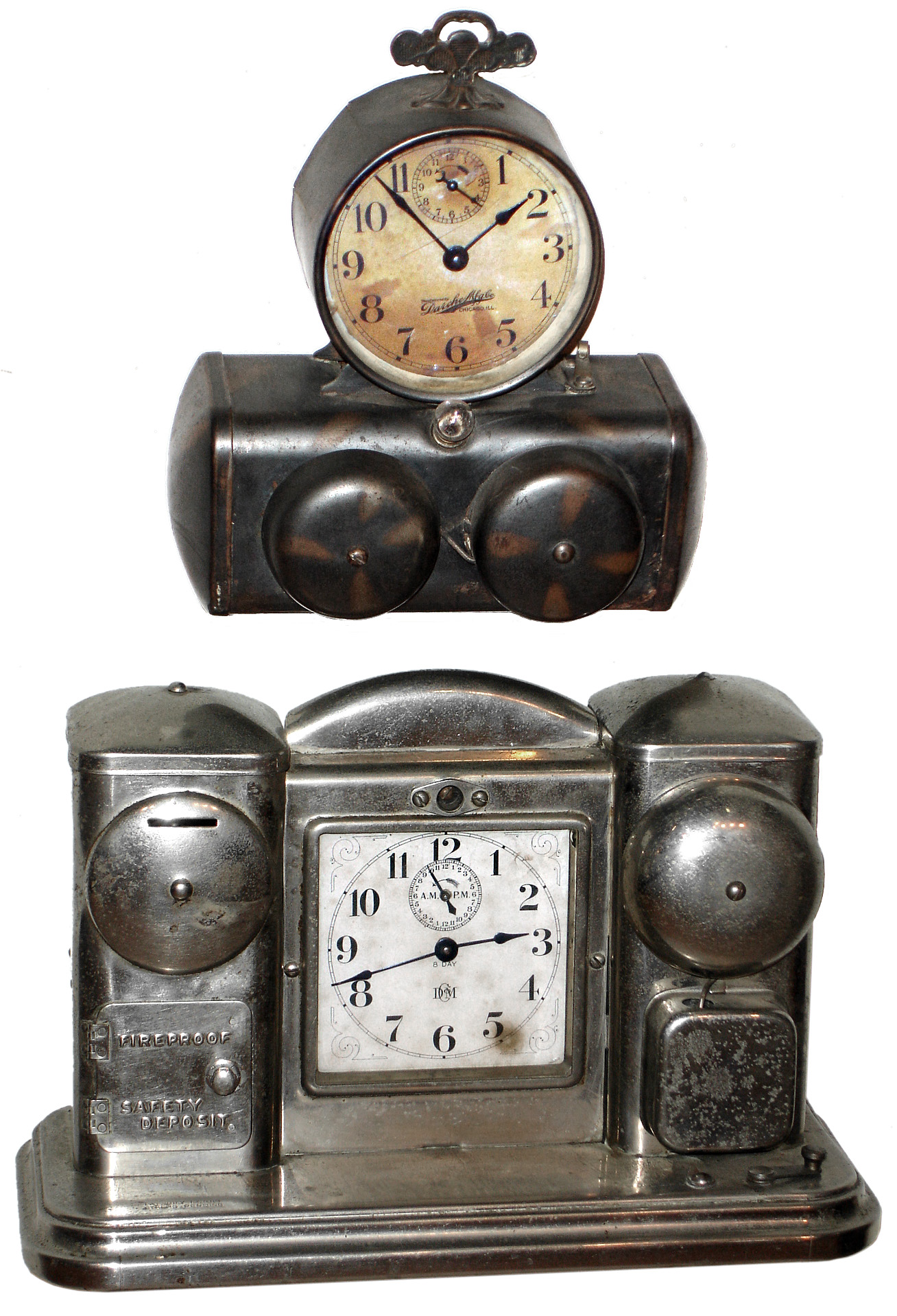 Clocks- 2 (Two) Darche Mfg. Co., Chicago, IL 8 day "Flashlight" and 30 hour "Searchlight" nickel plate alarm novelty clocks with battery-powered lights, c1910 — Antique Clocks Price Guide