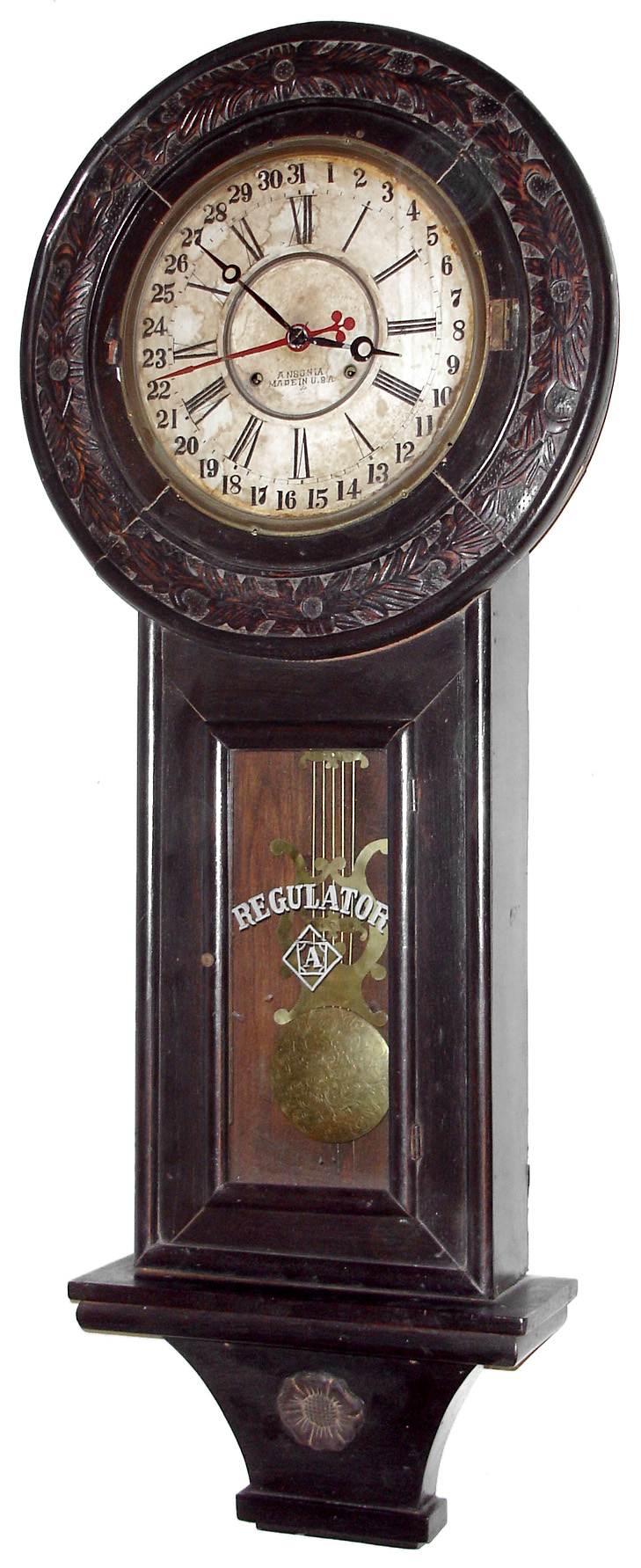 Wall clock, large carved wood case, 8 day, time and strike,/calendar, 20th century — Antique Clocks Price Guide
