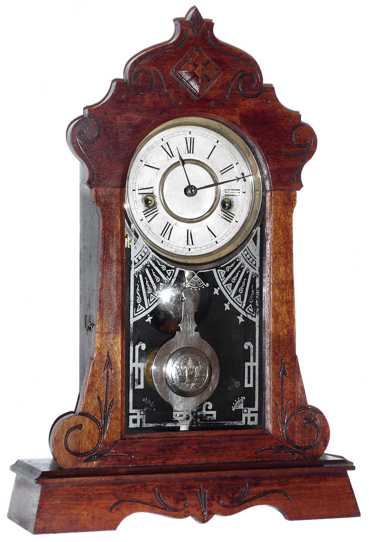 Waterbury Clock Co., Waterbury, Conn., "Lowell" walnut 30 hour time and strike mantel clock, c1881 — Antique Clocks Price Guide