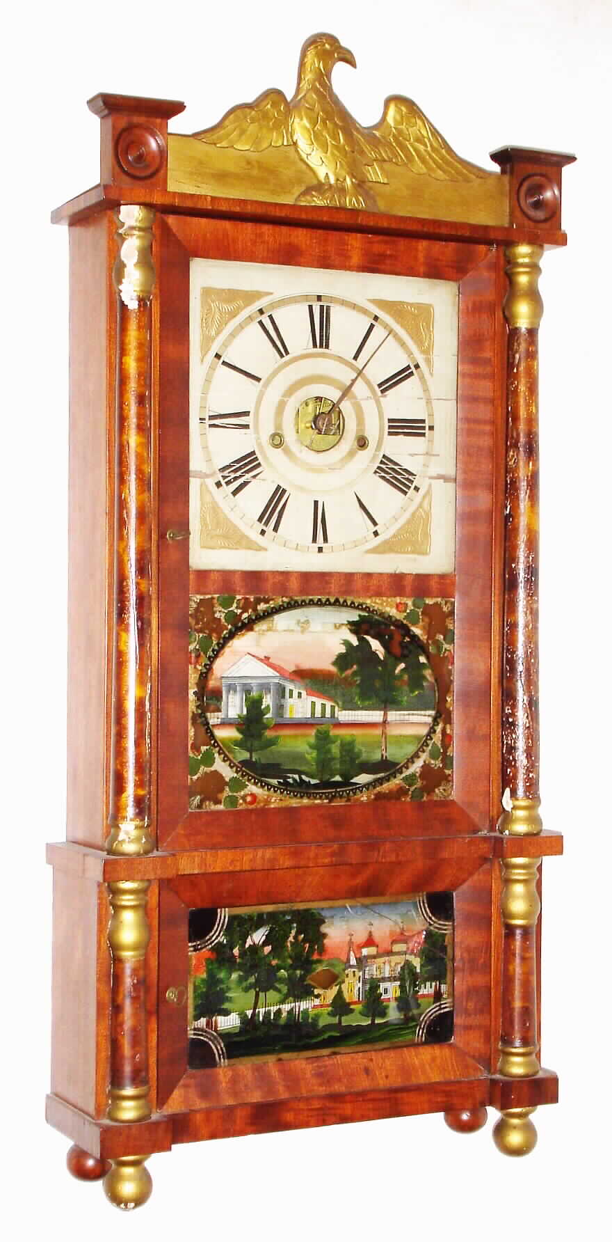 Forestville Mfg. Co., 8 day, time and strike, brass movement double decker shelf clock, c1838. — Antique Clocks Price Guide