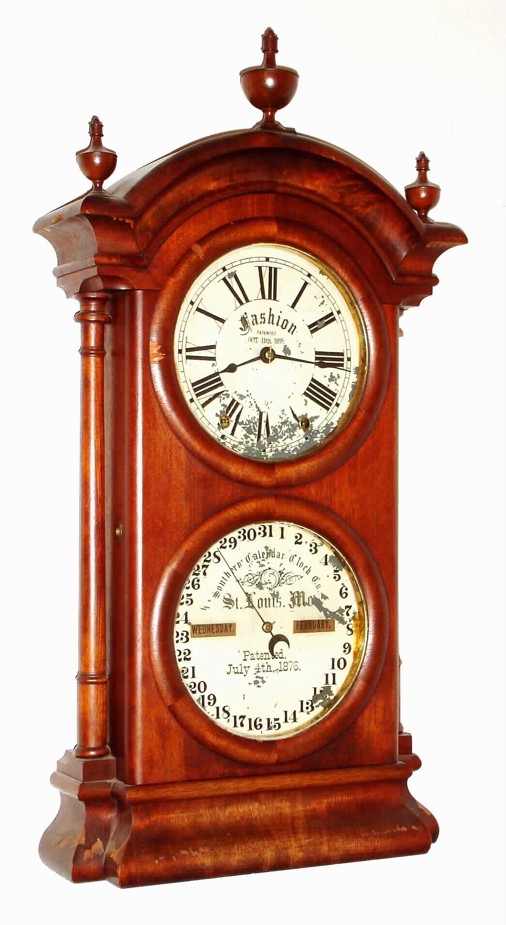 Southern Calendar Clock Co., "Fashion No. 2", 8 day, time and strike, double dial calendar clock, c1878. — Antique Clocks Price Guide