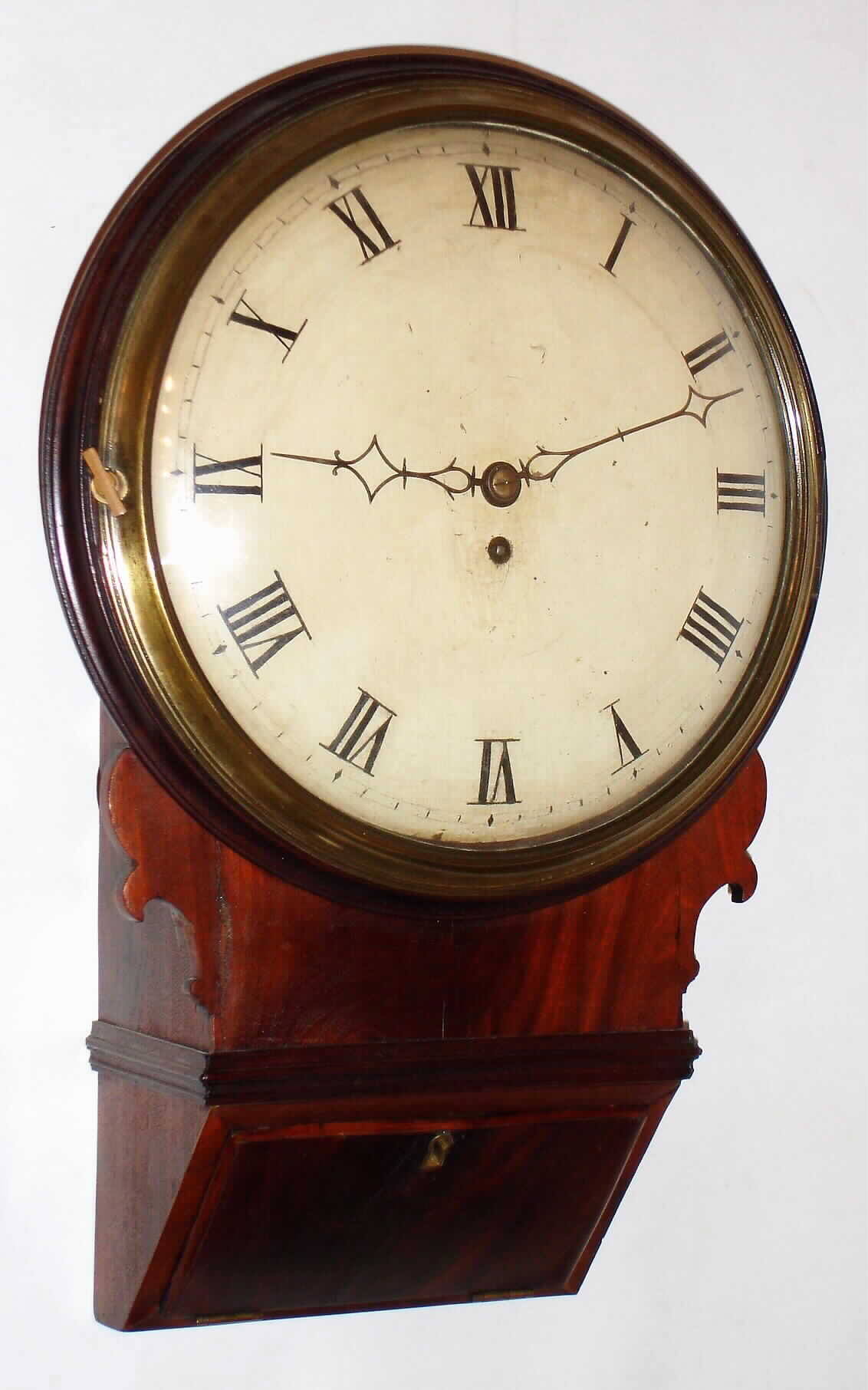 English, 8 day cable drive fusee tavern or round drop dial mahogany wall time piece, c1780. — Antique Clocks Price Guide