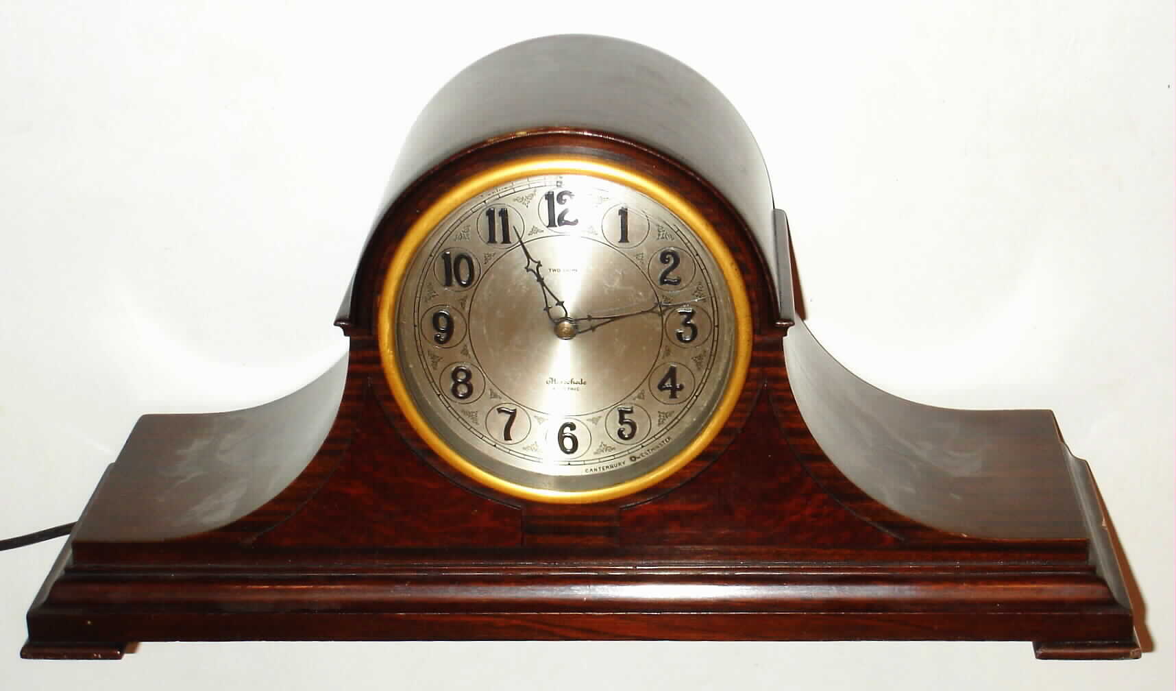 Herschede Clock Co., Cincinnati, Ohio, electric Westminster/Canterbury chime tambour mantel clock, c1929 — Antique Clocks Price Guide