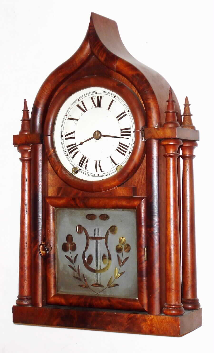 Brewster and Ingrahams, 8 day, time and strike, four pillar round gothic or onion top shelf clock, c1845 — Antique Clocks Price Guide