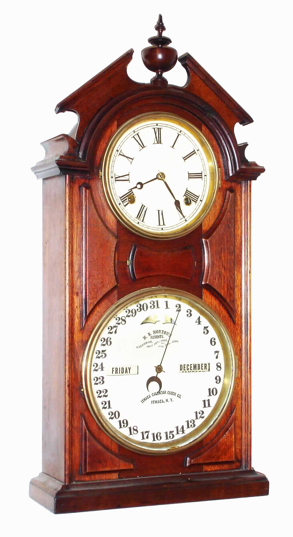 Ithaca Calendar Clock Co., Ithaca, NY, "No. 8 Shelf Library". , 8 day, time and strike, double dial calendar clock, c1874 — Antique Clocks Price Guide
