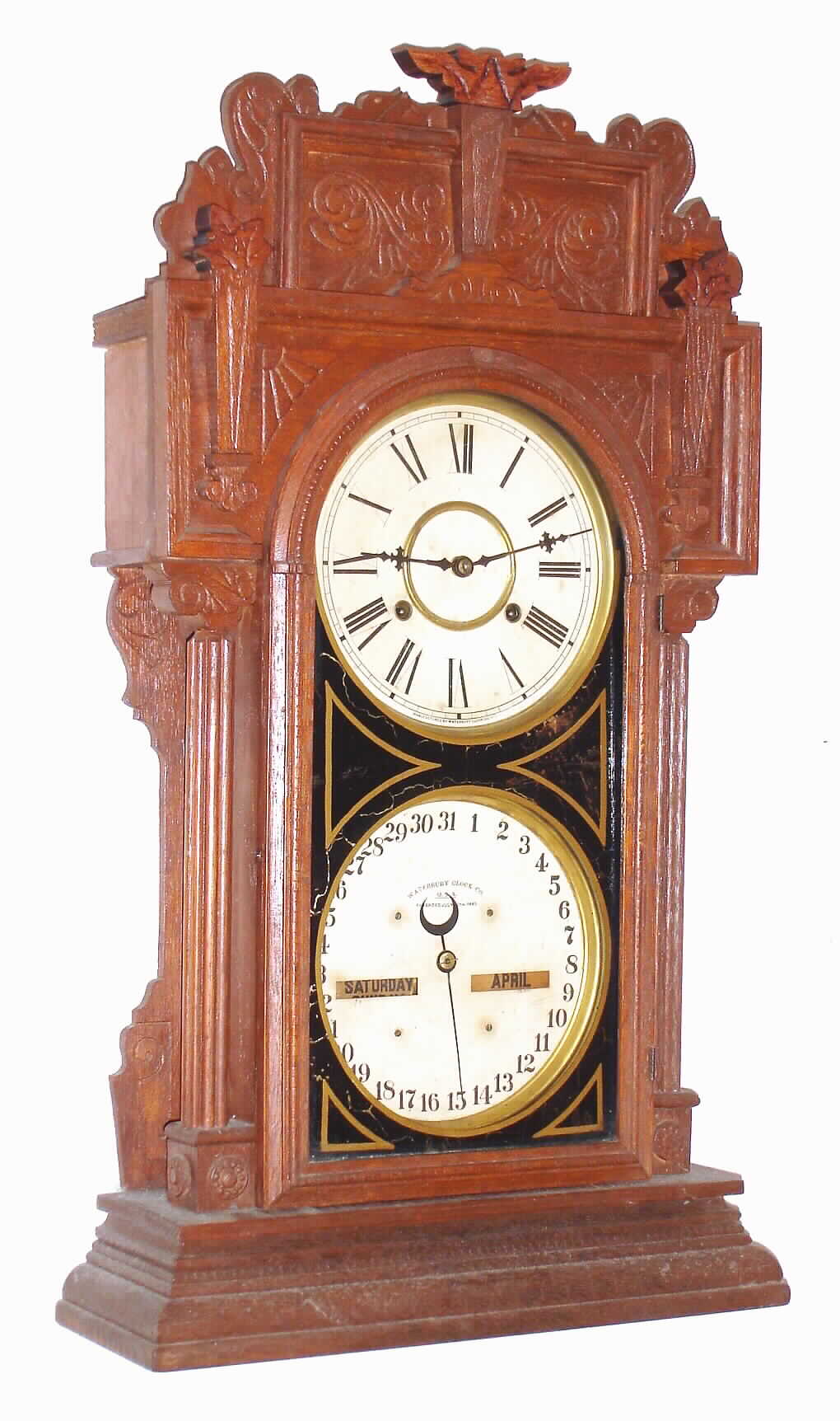 Waterbury Clock Co., Waterbury, Conn., "Calendar No. 43", 8 day, time and strike, double dial calendar shelf clock, c1912. — Antique Clocks Price Guide