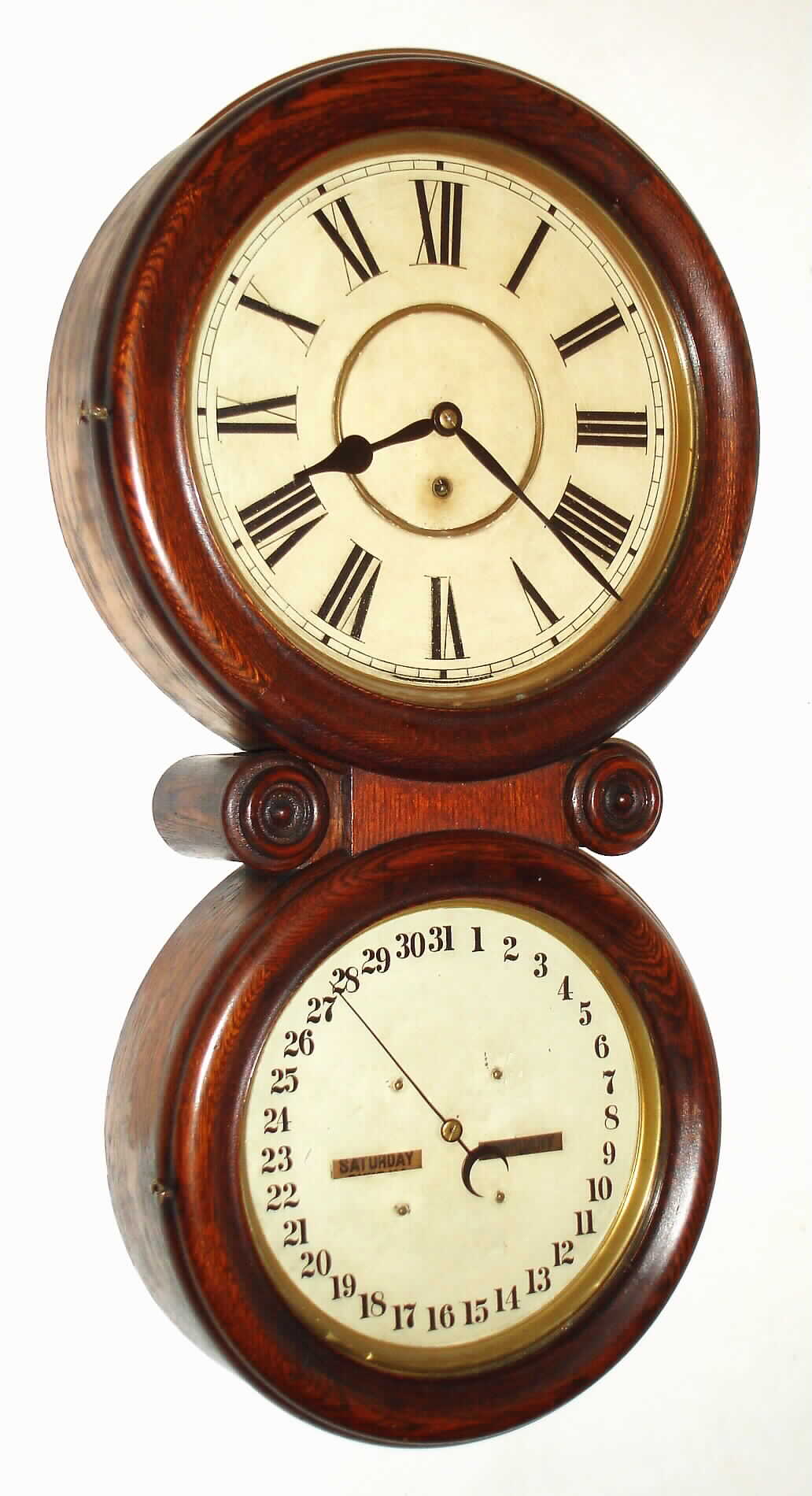 Waterbury Clock Co., Waterbury, Conn., "Calendar No. 34", 8 day double dial calendar time piece, c1890 — Antique Clocks Price Guide