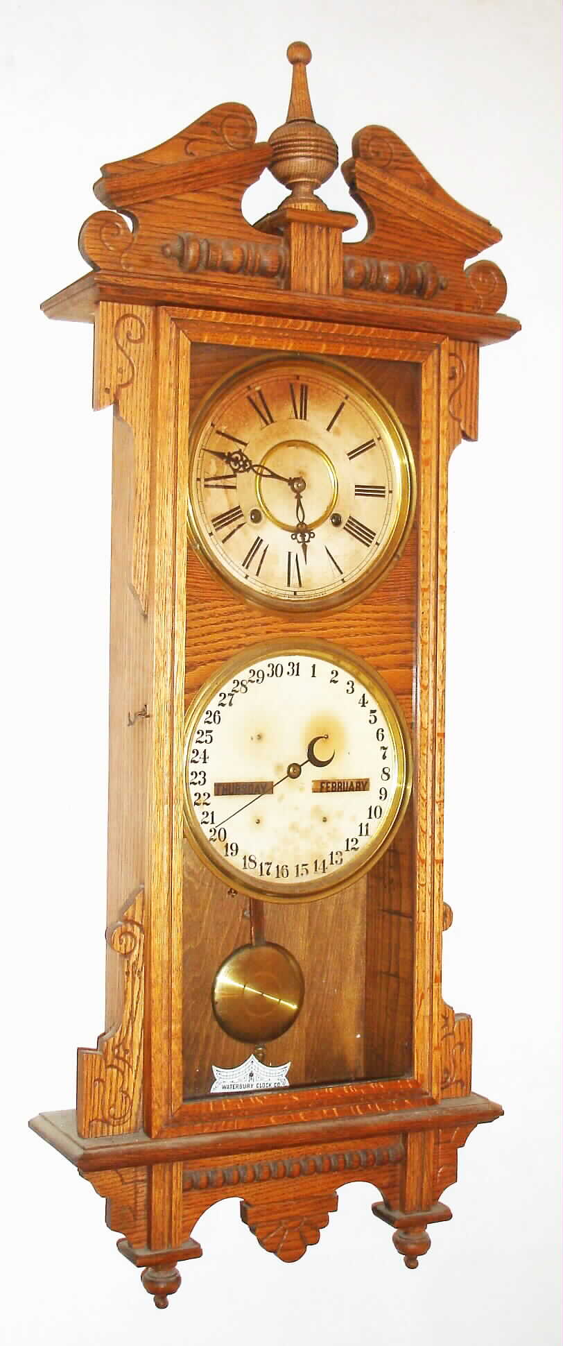 Waterbury Clock Co., Waterbury, Conn., "Calendar No. 33", 8 day, time and strike, double dial calendar clock, c1908 — Antique Clocks Price Guide