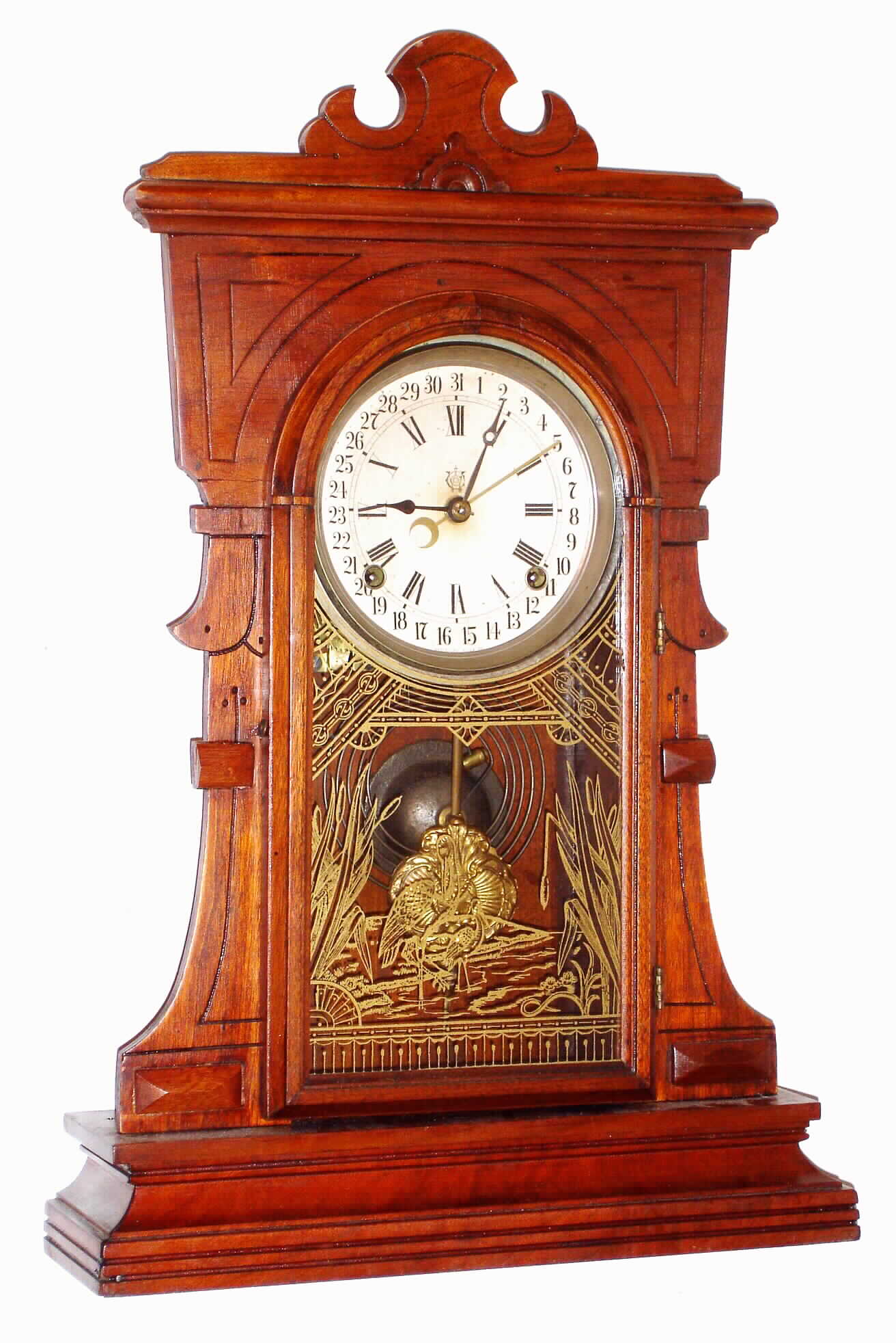 Waterbury Clock Co., Waterbury, Conn., "Medina" walnut 8 day, time, strike and calendar mantel clock, c1890 — Antique Clocks Price Guide