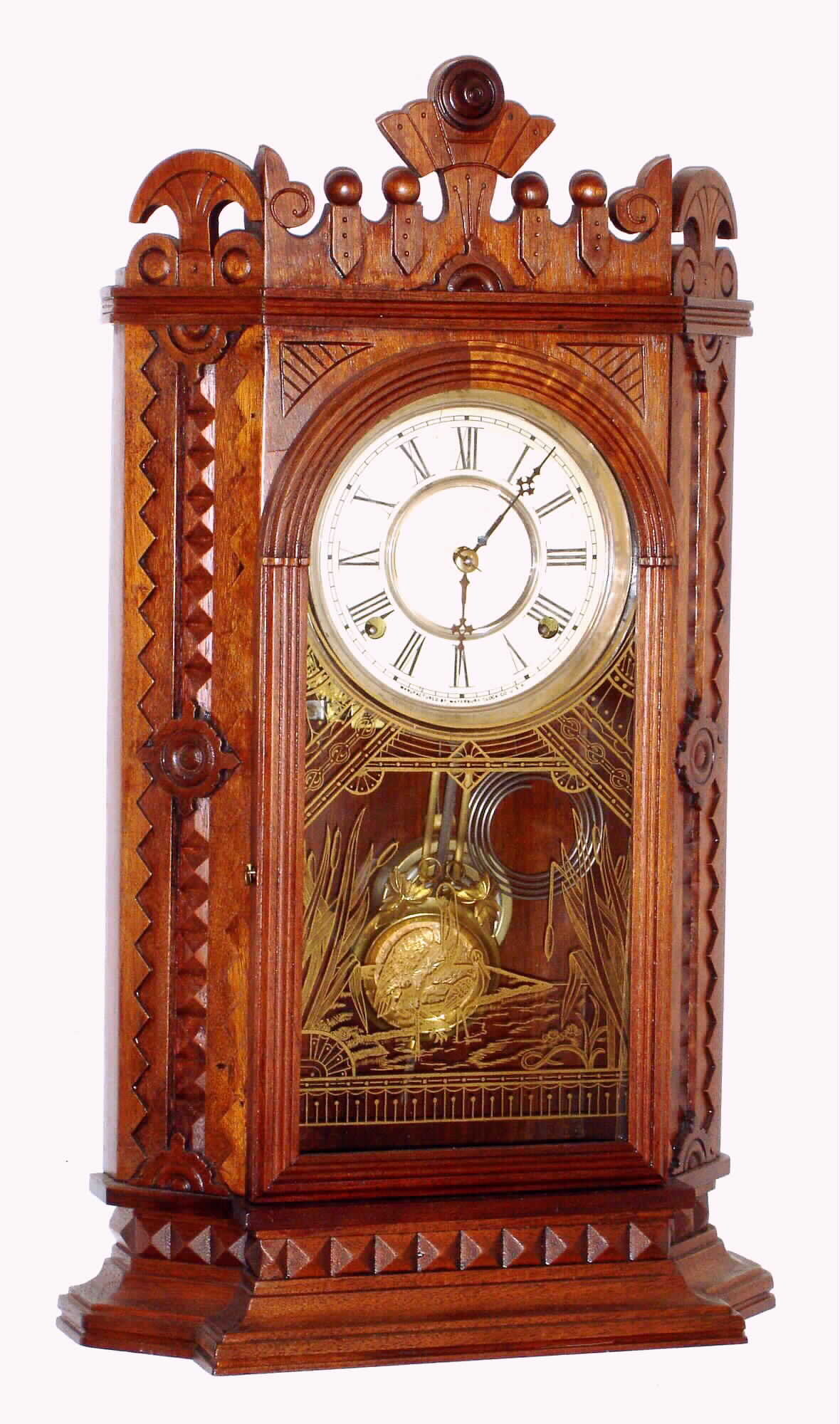 Waterbury Clock Co., Waterbury, Conn., "Granville" walnut 8 day, time and strike mantel clock, c1886 — Antique Clocks Price Guide