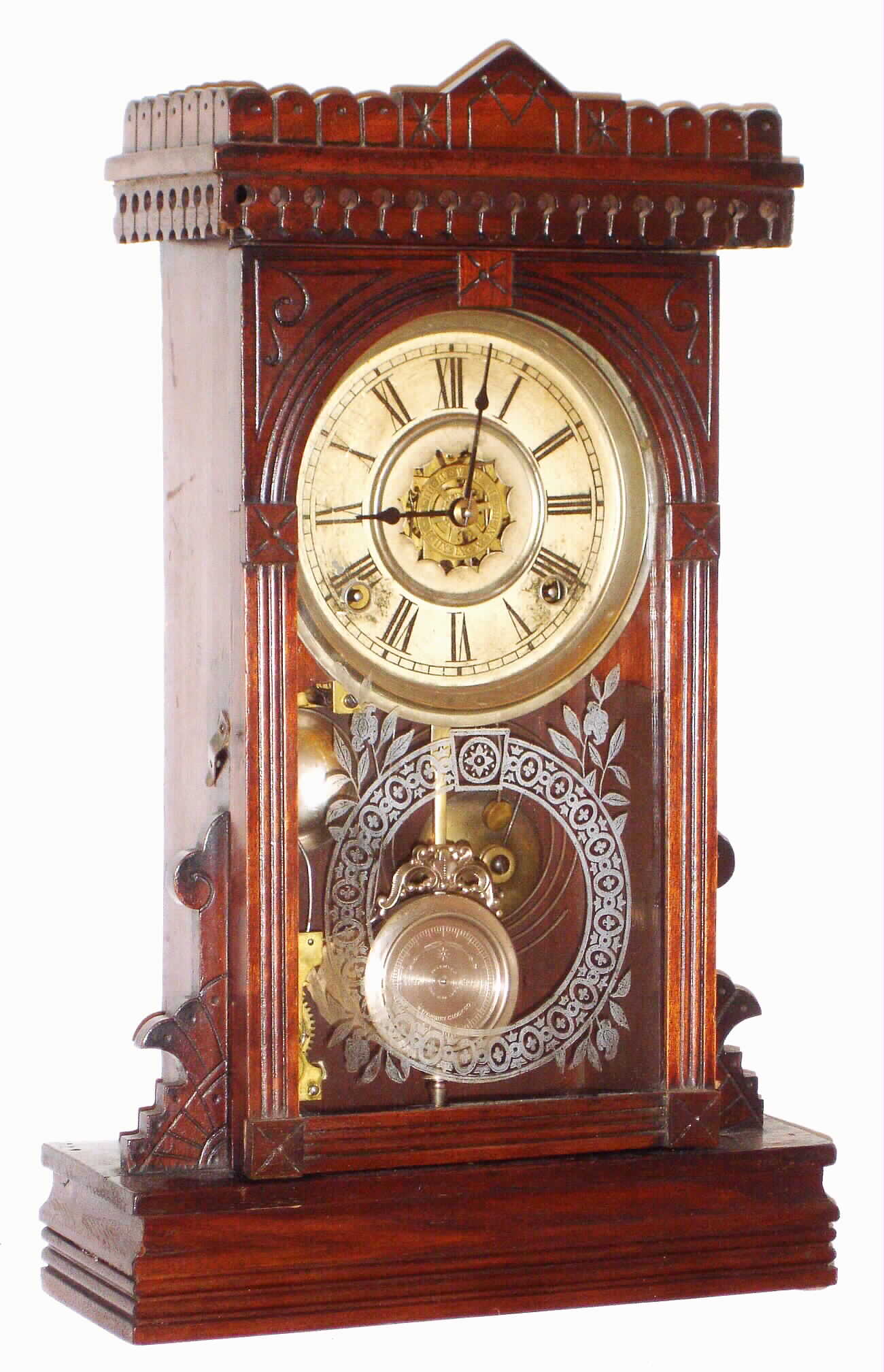 Waterbury Clock Co., Waterbury, Conn., "Elmwood" walnut 8 day, time and strike mantel clock with alarm, c1885 — Antique Clocks Price Guide