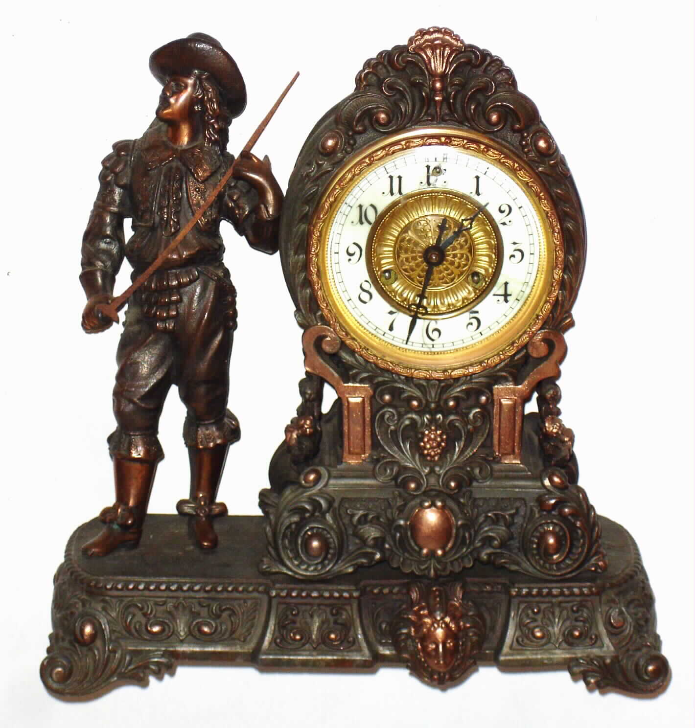 Waterbury Clock Co., Waterbury, Conn., "Vale" 8 day, time and strike cast metal figural clock, c1905 — Antique Clocks Price Guide