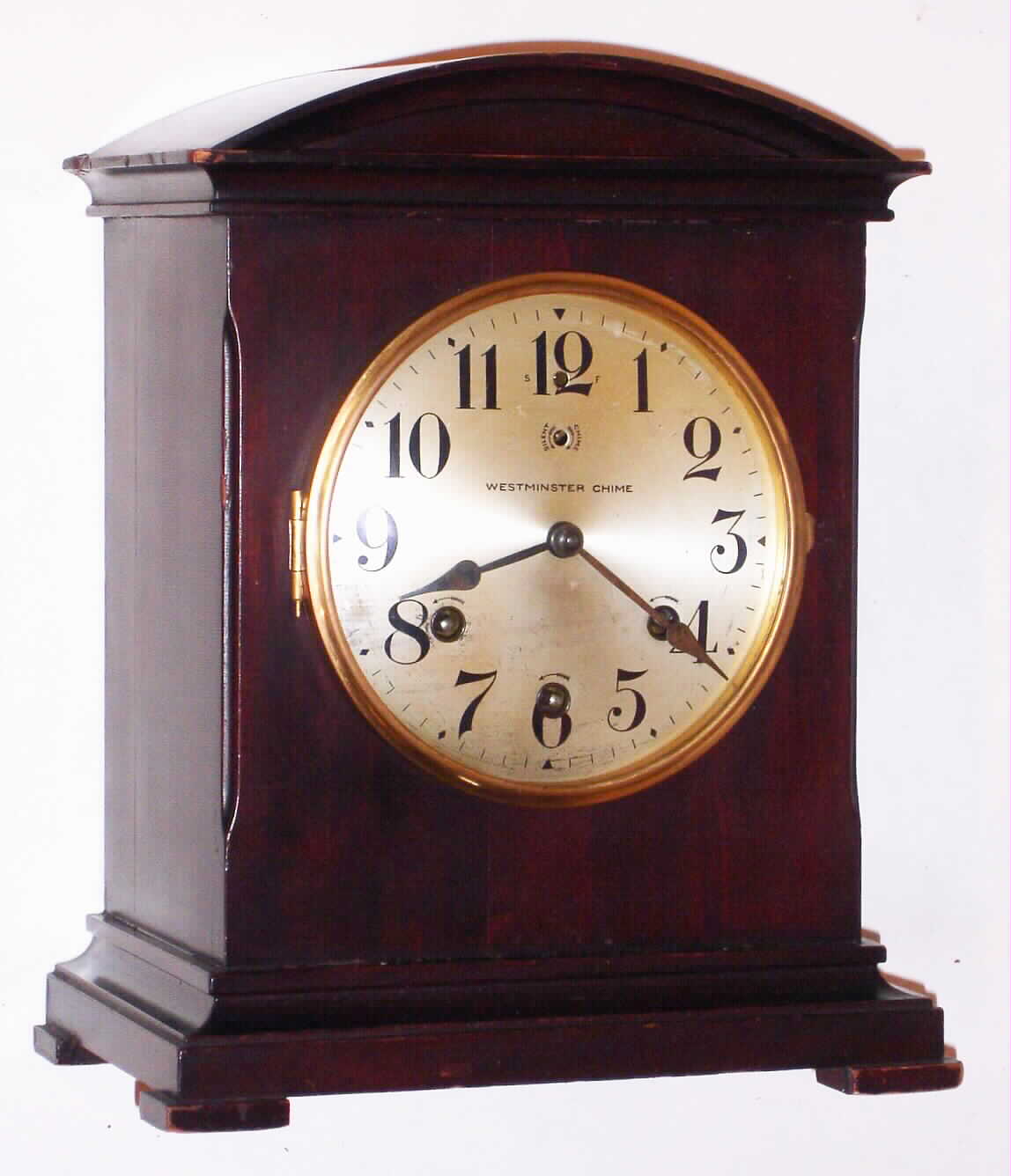 Waterbury Clock Co., Waterbury, Conn., "Chime Clock No. 902" mahogany 8 day Westminster chime mantel clock, c1917 — Antique Clocks Price Guide