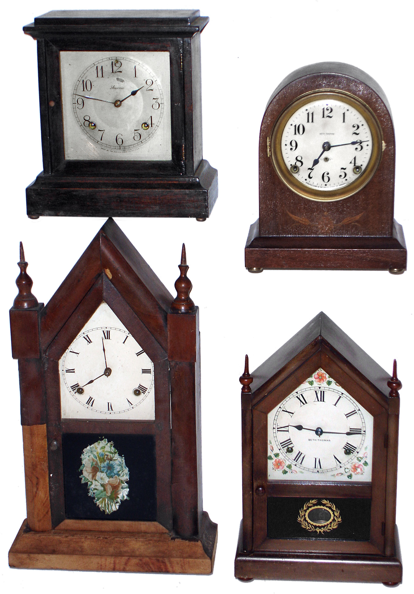 Clocks- 4 (Four) mahogany 8 day, time and strike American mantel clocks, Seth Thomas, Waterbury and Ansonia, 19th and 20th centuries — Antique Clocks Price Guide
