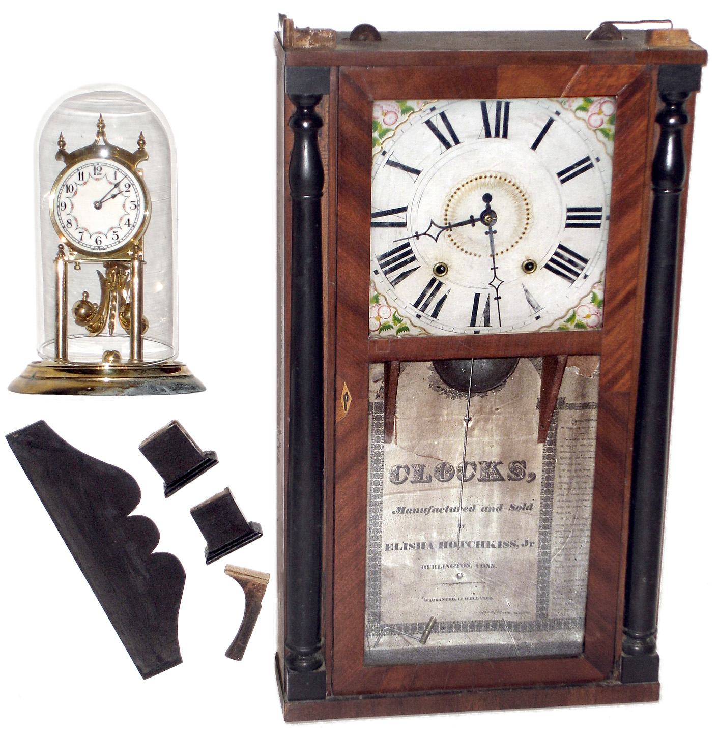 Clocks- 2 (Two): Elisha Hotchkiss, Burlington Conn., 30 hour wooden works half-column and splat shelf clock, c1832; Forestville Clock Co. German 400-day time piece, 20th century — Antique Clocks Price Guide