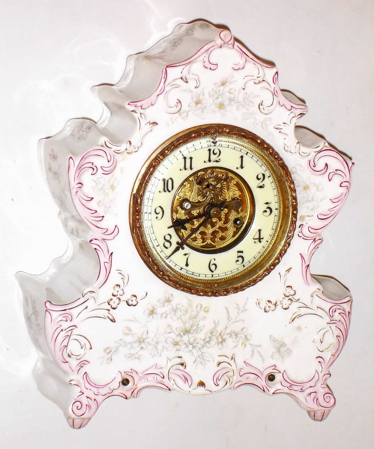 Waterbury Clock Co., Waterbury, Conn., 8 day, time and strike exposed escapement porcelain mantel clock, c1900 — Antique Clocks Price Guide