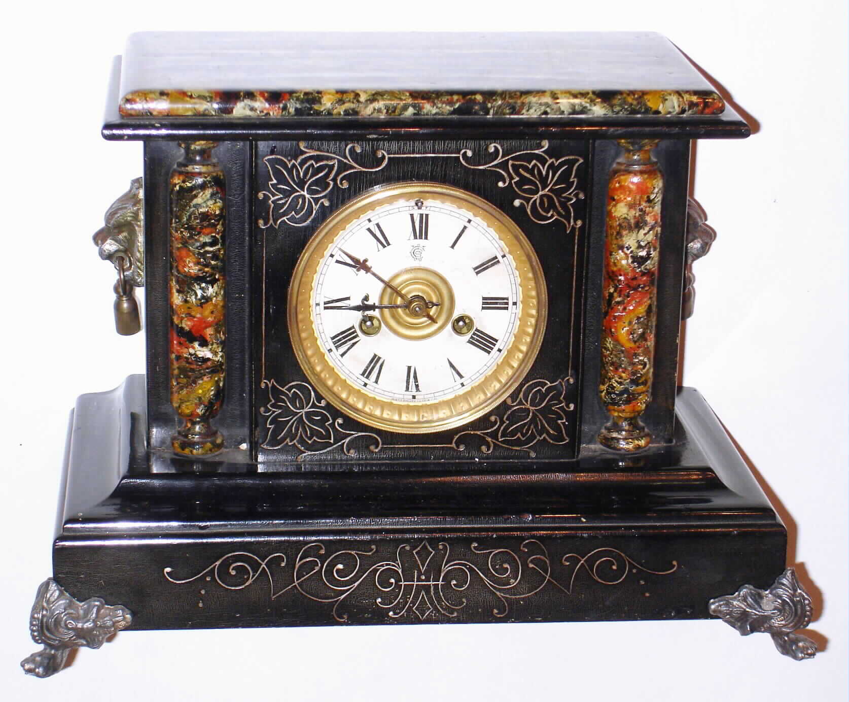 Waterbury Clock Co., Waterbury, Conn., black enameled 8 day, time and strike mantel clock, c1893 — Antique Clocks Price Guide