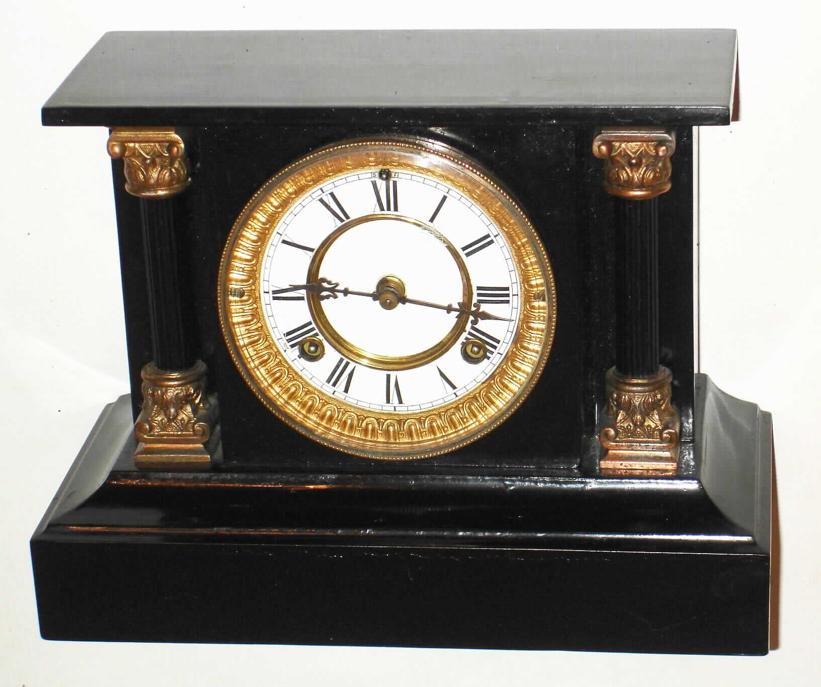 Waterbury Clock Co., Waterbury, Conn., "Alesia" enameled iron 8 day, time and strike mantel clock, c1891 — Antique Clocks Price Guide