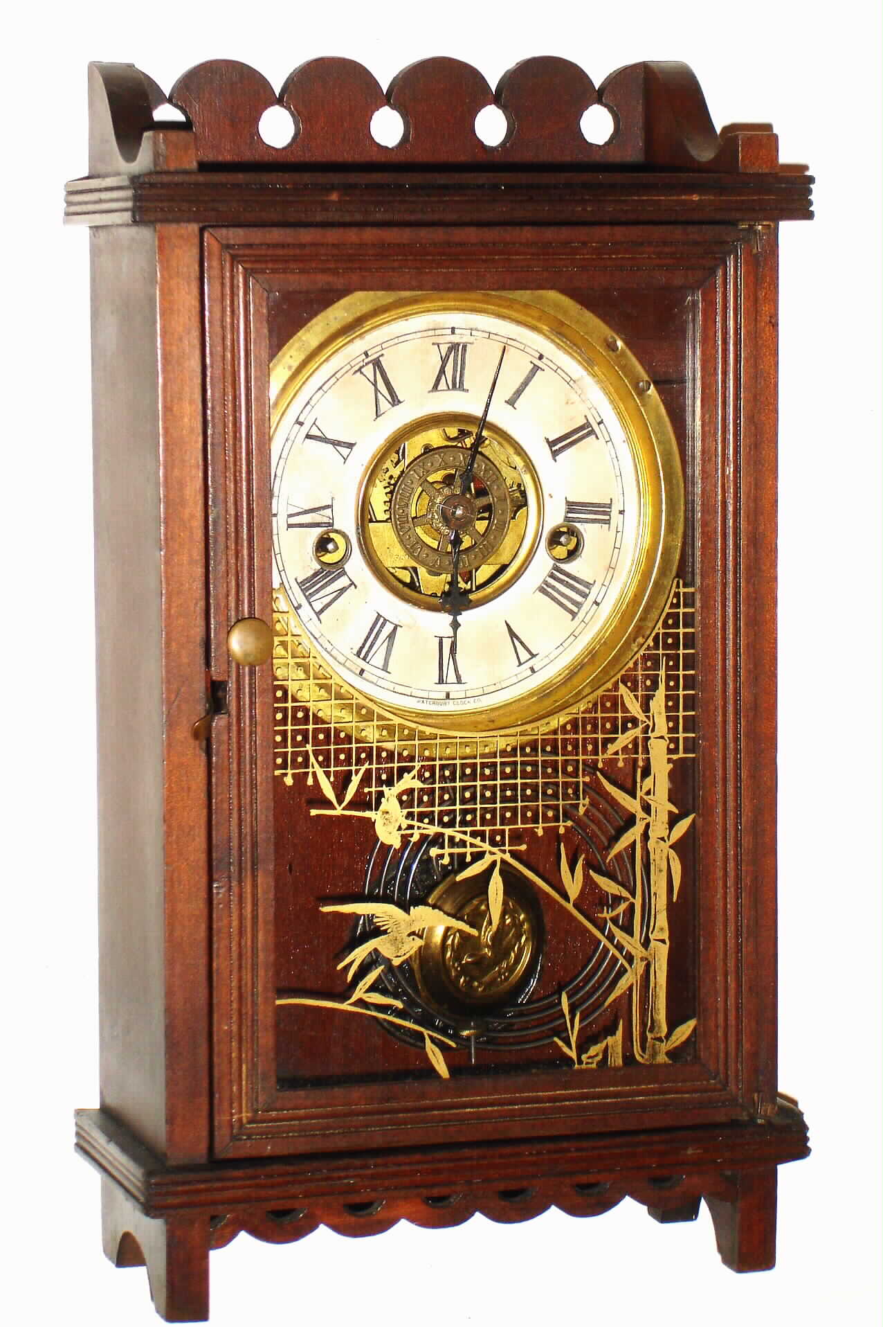 Waterbury Clock Co., Waterbury, Conn., "Racer" 30 hour time and strike wood mantel clock, c1891 — Antique Clocks Price Guide
