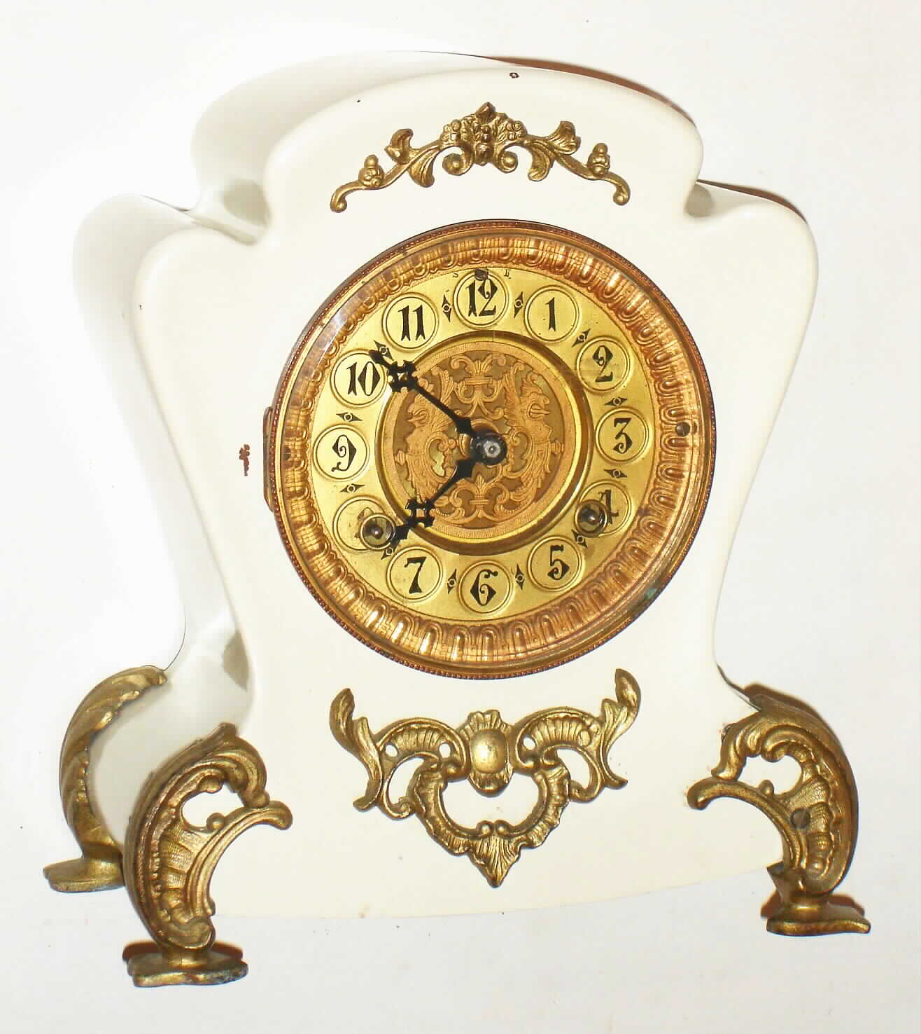 Waterbury Clock Co., Waterbury, Conn., "Spree" white enameled iron 8 day, time and strike mantel clock, c1893 — Antique Clocks Price Guide