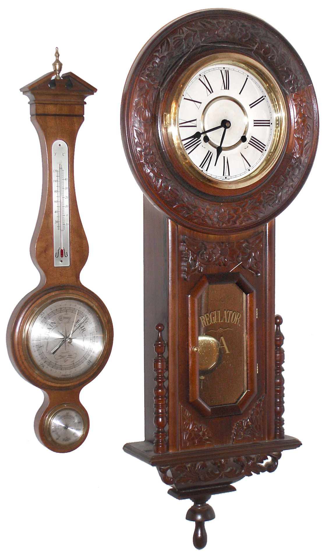 Clock and Barometer - 2 (Two): Korean reproduction 8 day, time and strike wall clock; Howard Miller modern hanging wood barometer; late 20th century — Antique Clocks Price Guide