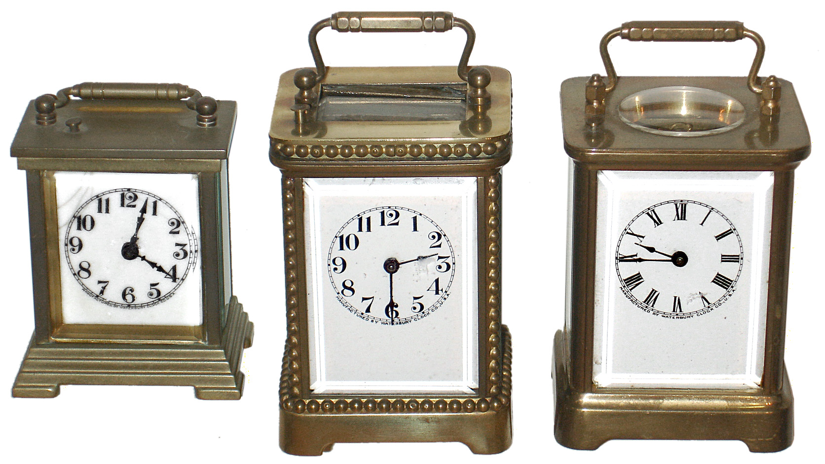 Clocks- 3 (Three) Waterbury Clock Co. brass and glass time, strike and repeat gold plated carriage clocks, c1909 — Antique Clocks Price Guide
