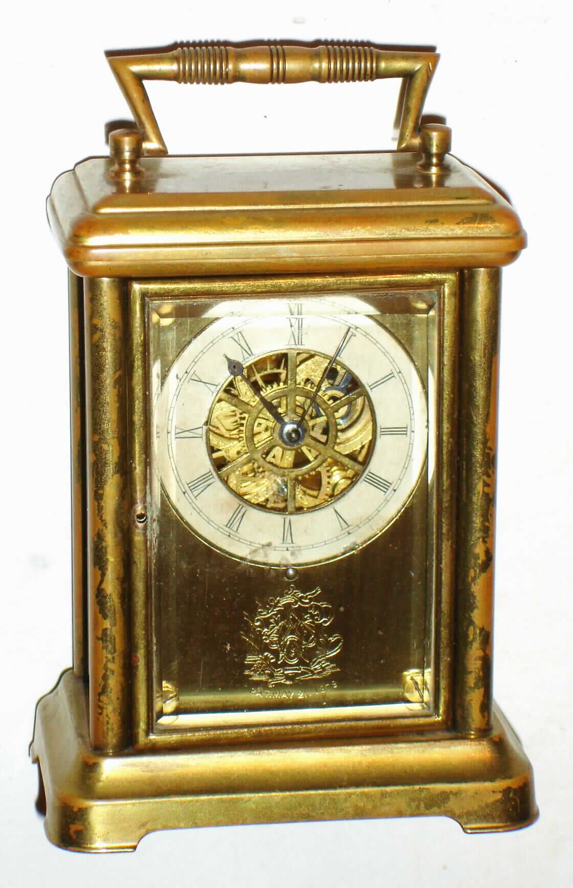 Waterbury Watch Co., Waterbury, Conn., rare mini skeletonized dial, carriage time piece, with rotary regulator (tourbillion), 8 day, c1885. — Antique Clocks Price Guide