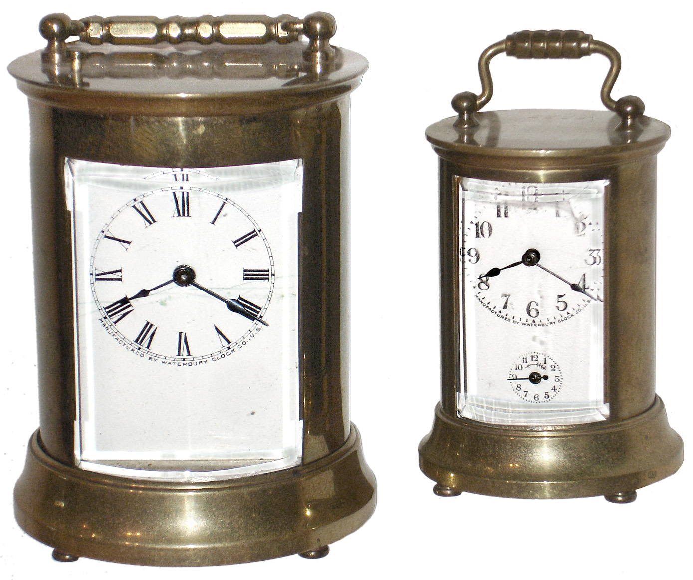 Clocks- 2 (Two) Waterbury Clock Co. round gold plated brass and glass carriage clocks, "Satellite" and "Skip", c1909 — Antique Clocks Price Guide