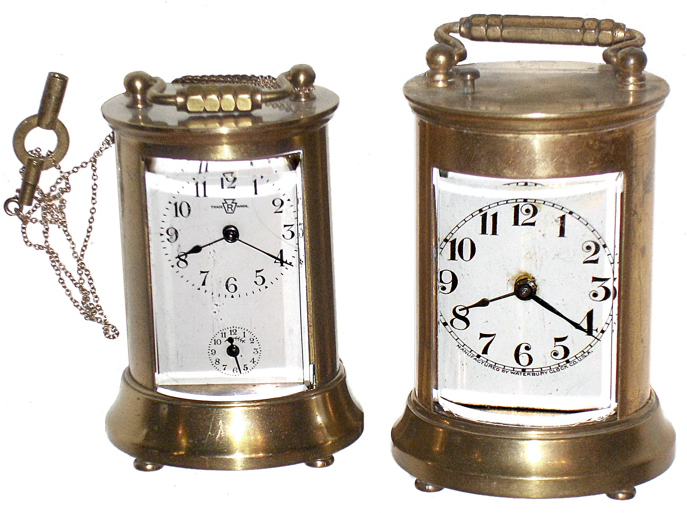 Clocks- 2 (Two) Waterbury Clock Co. round gold plated brass and glass 30 hour carriage clocks: "Wayfarer" repeater; "Skip" time and alarm, c1909 — Antique Clocks Price Guide