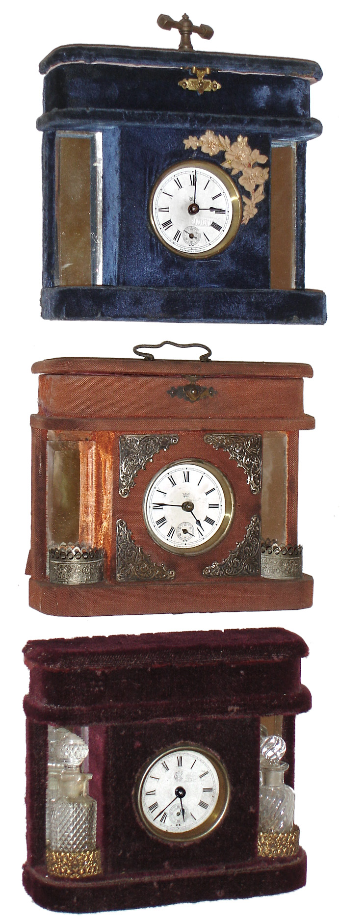 Clocks- 3 (Three) Waterbury Clock Co., Waterbury, Conn., "Plush Toilette" 30 hour cloth covered lady's clock sets, c1890 — Antique Clocks Price Guide