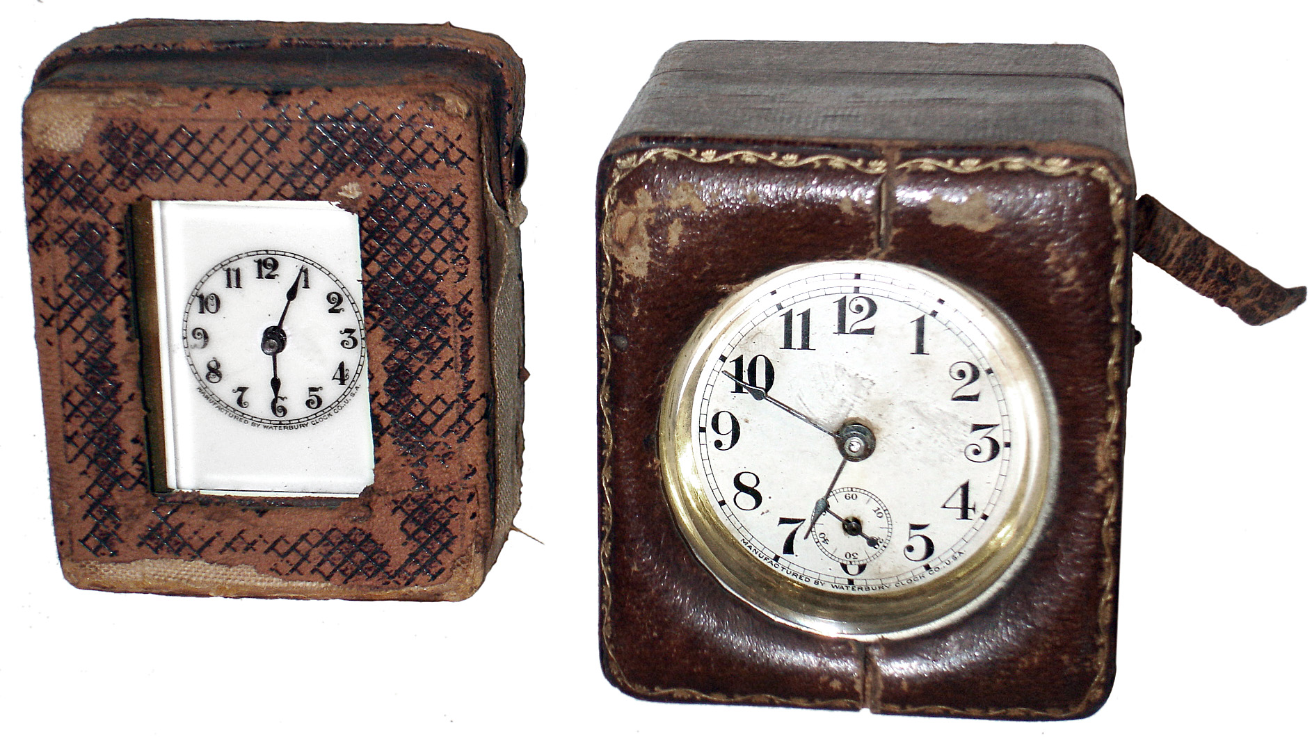 Clocks- 2 (Two) Waterbury Clock Co. 30 hour travel clocks in original leather cases: "Midge" brass carriage and "Beetle" nickel novelty, c1913 — Antique Clocks Price Guide