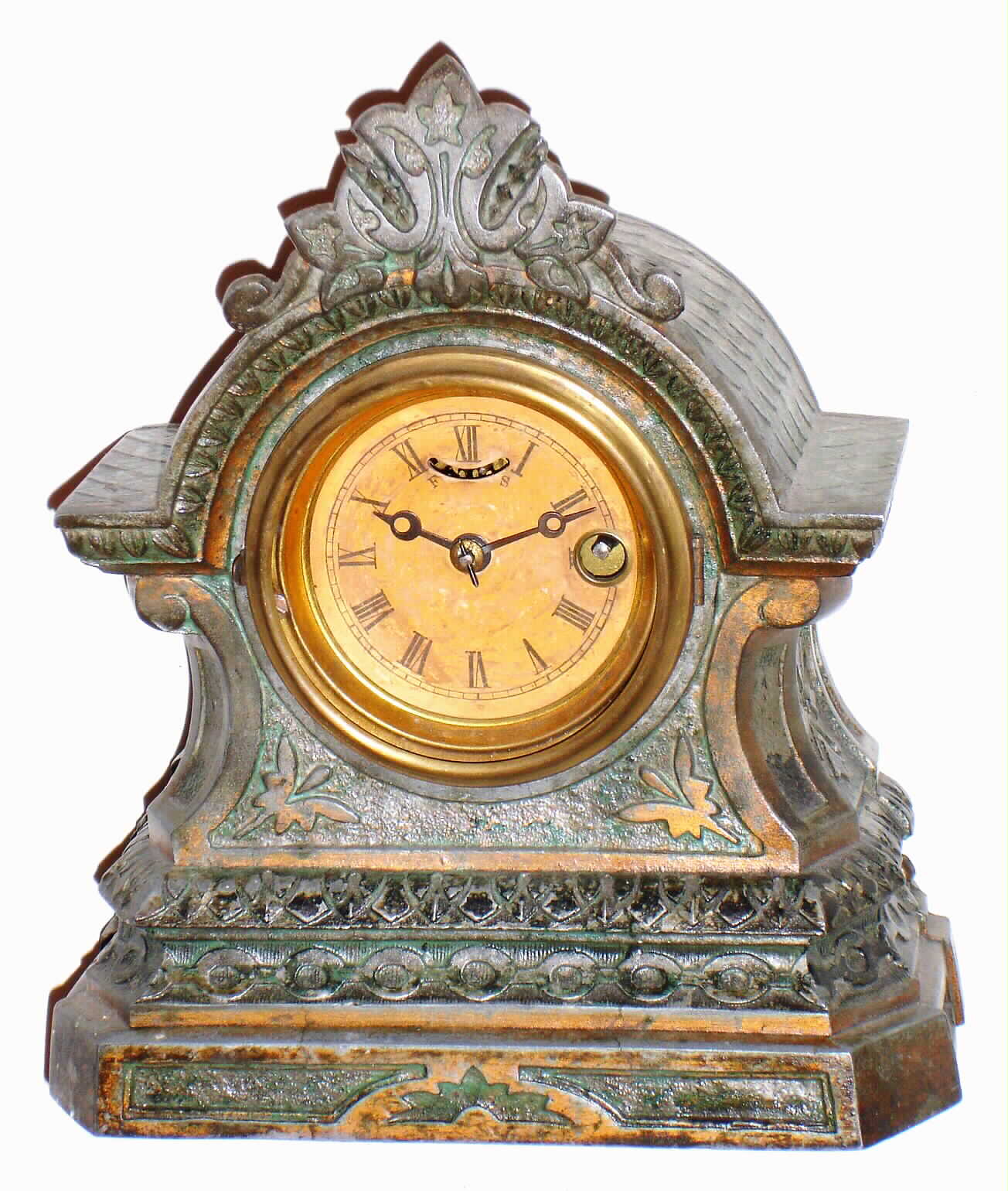 S.E.Root / Muller "Tucker Bronze" small cast metal 30 hour mantel time piece, c1870 — Antique Clocks Price Guide