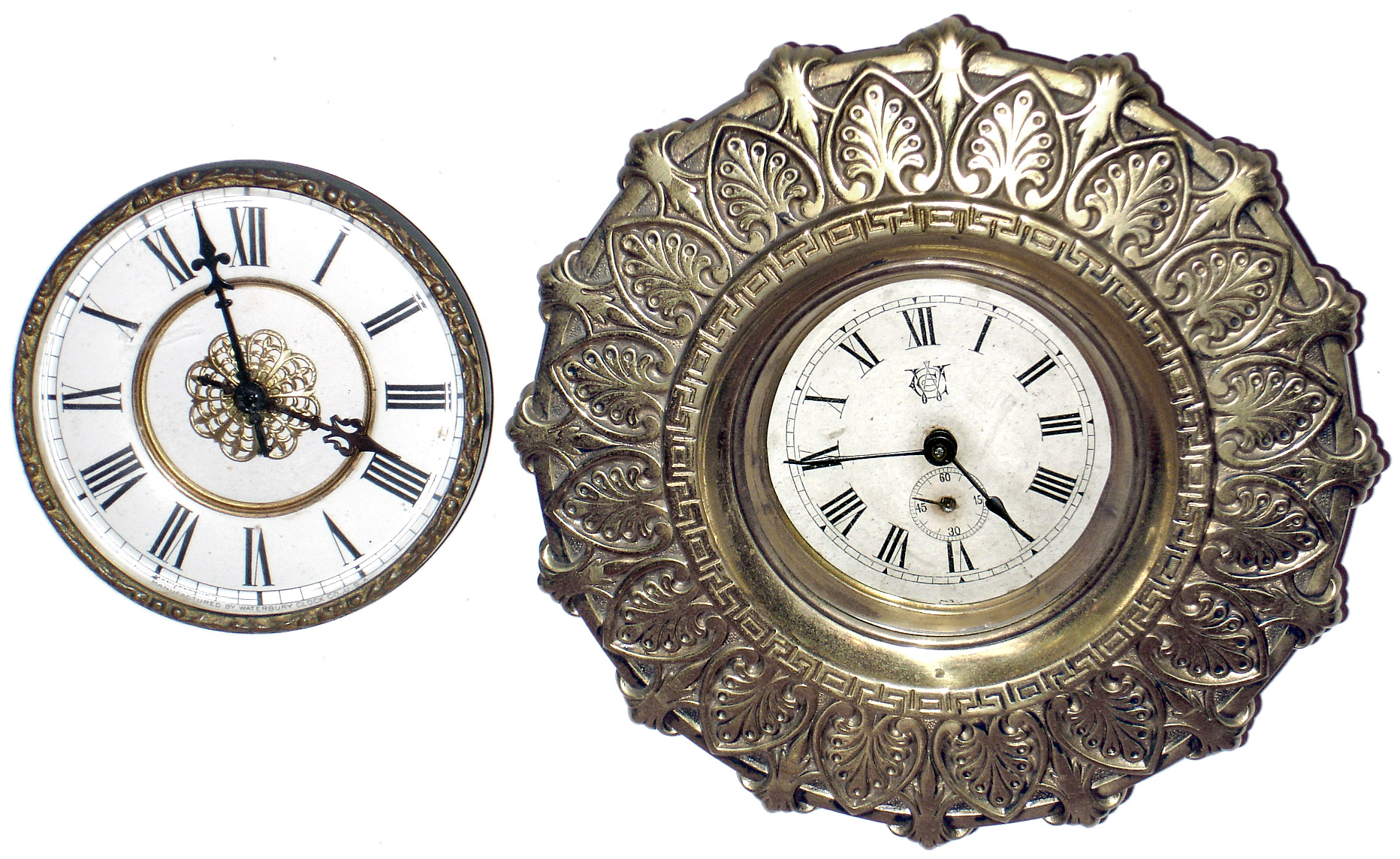 Clocks- 2 (Two) Waterbury Clock Co. gilt cast metal easel 30 hour rear wind novelty time pieces: "Daisy" and fancy disk, c1906 — Antique Clocks Price Guide