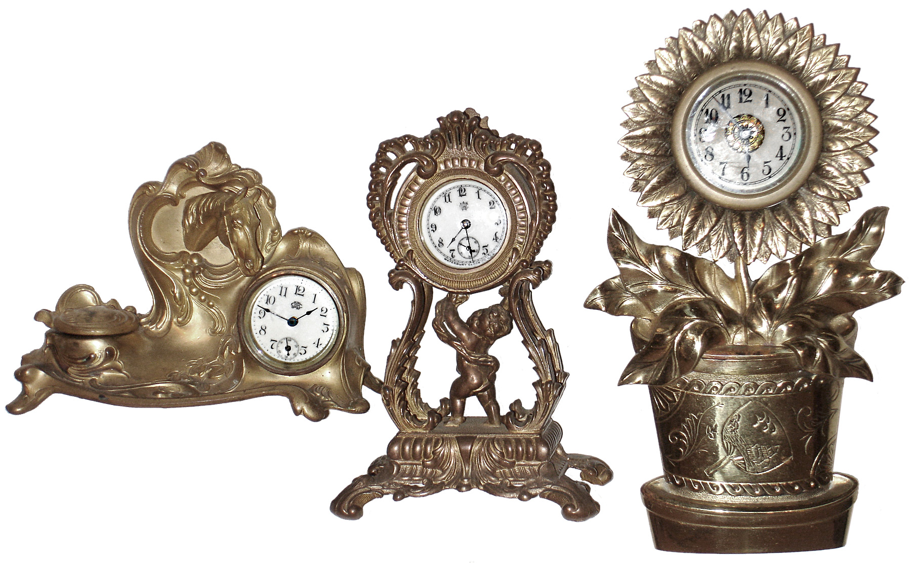 Clocks- 3 (Three) gilt cast metal 30 hour rear wind novelty time pieces: Waterbury "Alma" and "Sunflower", Jennings Bros. horse and inkwell, c1890. — Antique Clocks Price Guide