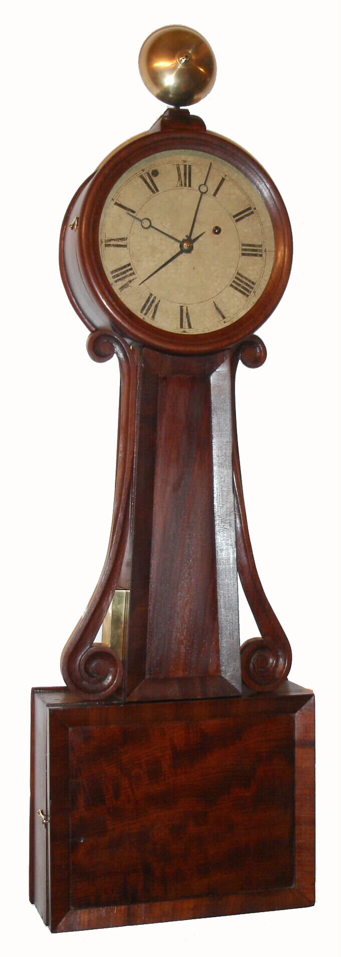 Massachusetts weight banjo with weight alarm on top bell, in an Attleboro style case with mahogany veneered front and wooden side arms, C,1840. — Antique Clocks Price Guide