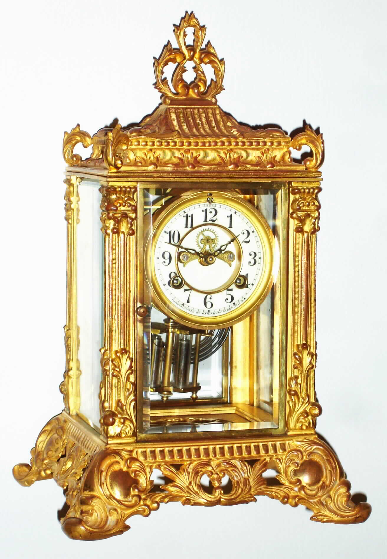 Waterbury Clock Co., Waterbury, Conn., "Rennes" gold plated 8 day, time and strike crystal regulator, c1906 — Antique Clocks Price Guide