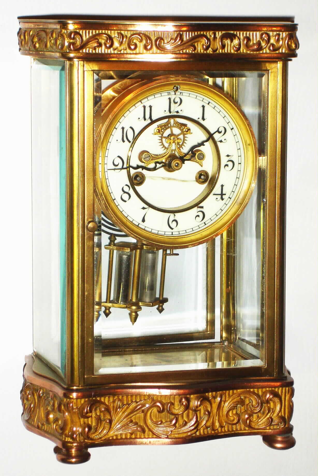 Waterbury Clock Co., Waterbury, Conn., "Riviera" gold plated 8 day, time and strike crystal regulator, c1910 — Antique Clocks Price Guide