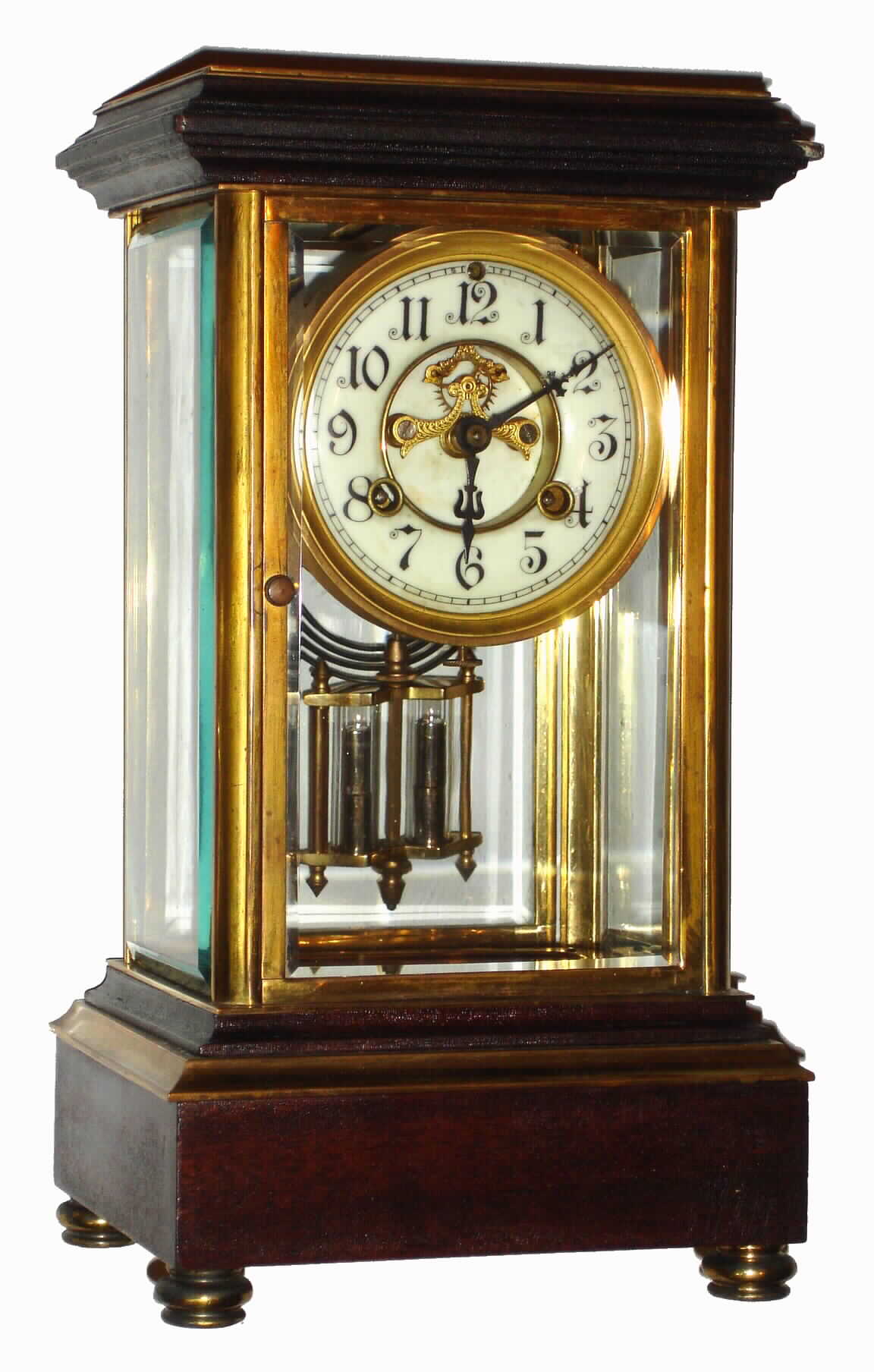 Waterbury Clock Co., Waterbury, Conn., "Flanders" gold plated and mahogany 8 day, time and strike crystal regulator, c1907 — Antique Clocks Price Guide