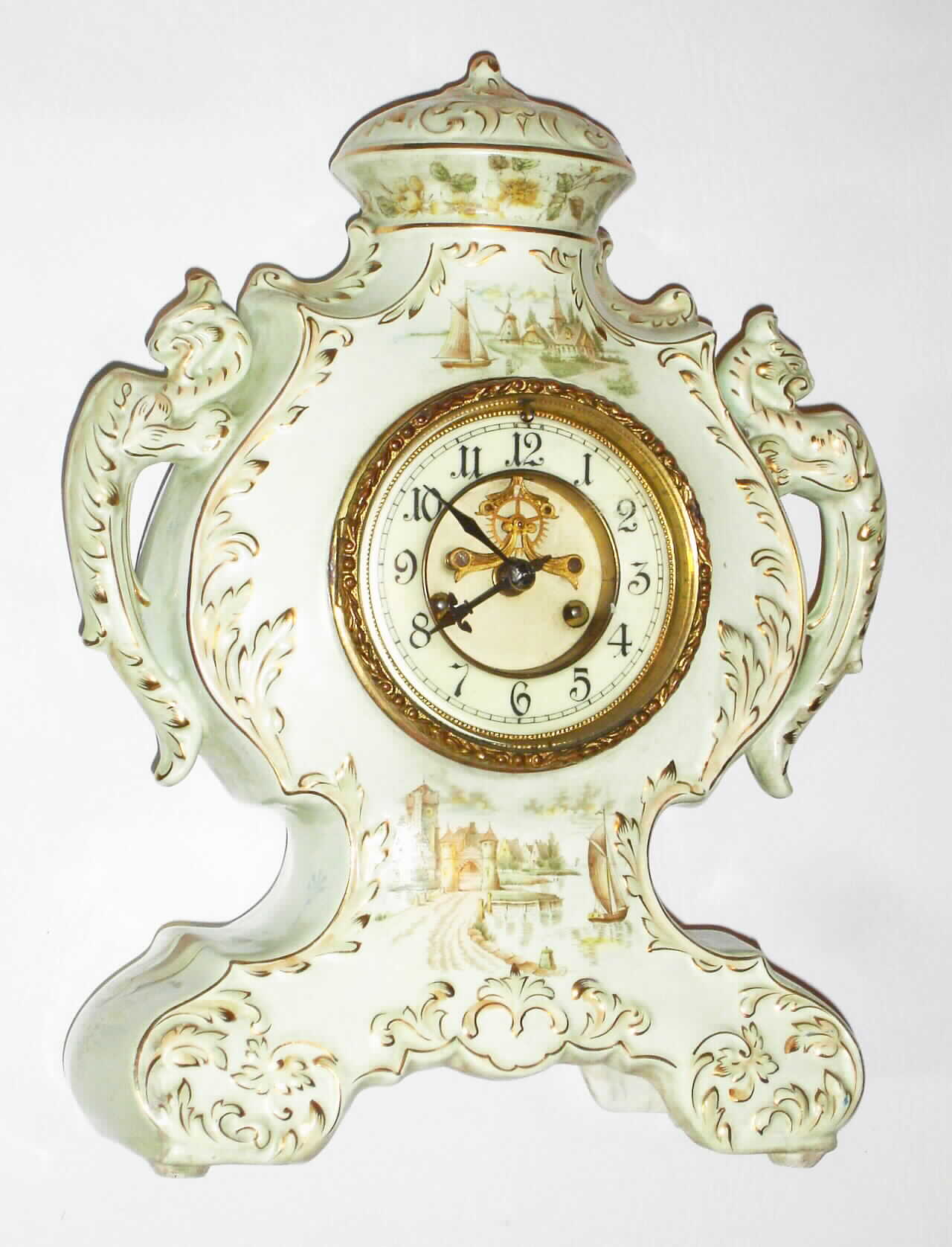 Waterbury Clock Co., Waterbury, Conn., 8 day, time and strike porcelain mantel clock, c1900 — Antique Clocks Price Guide