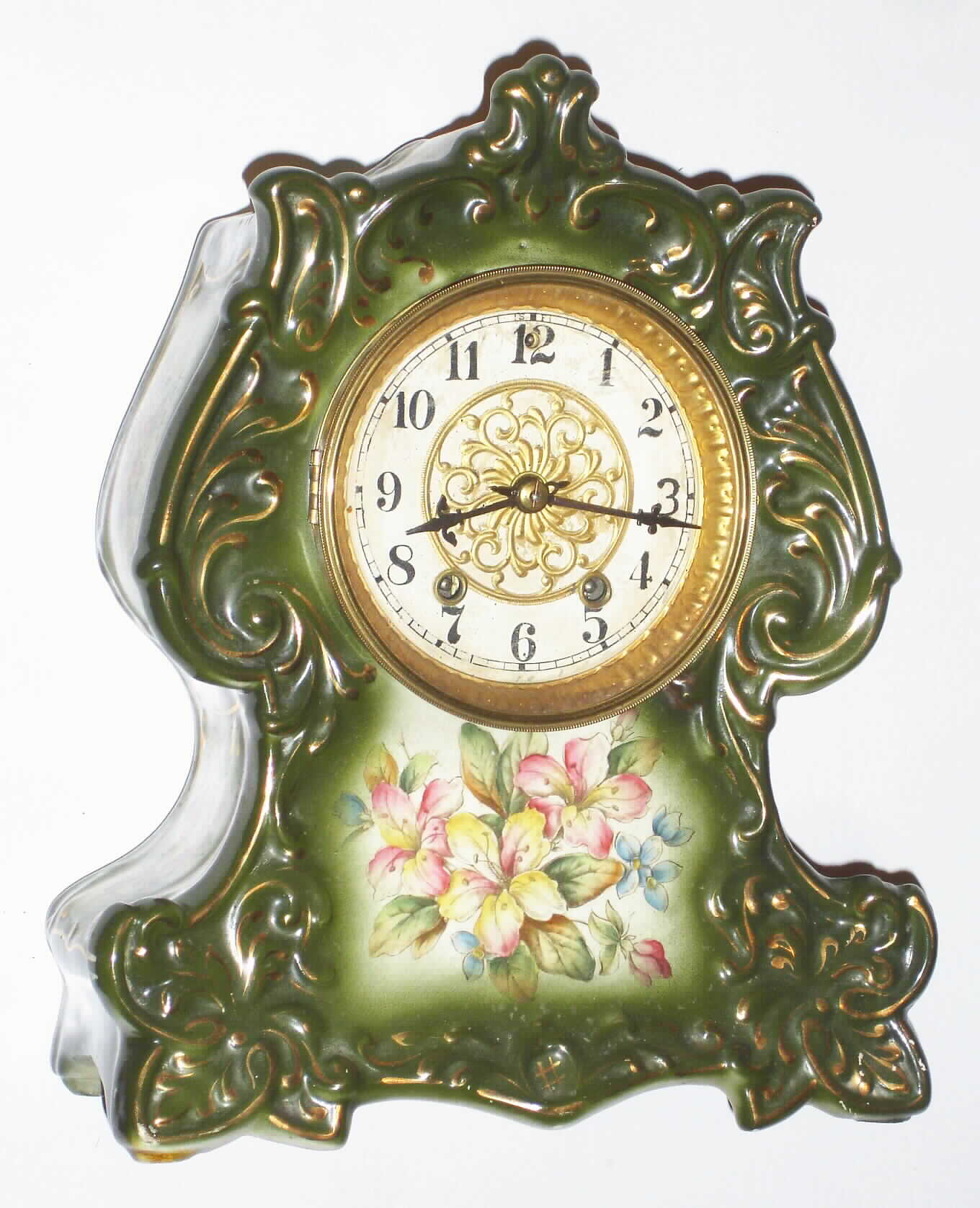 Waterbury Clock Co., Waterbury, Conn., "No. 98" 8 day, time and strike porcelain mantel clock, c1900 — Antique Clocks Price Guide