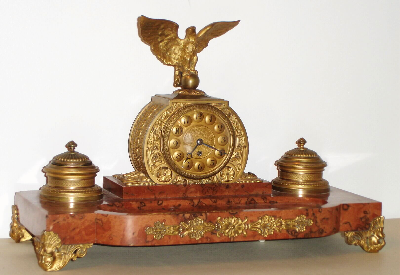 French, for "Wiener Uhrenindustrie, GMBH" marble and bronze, clock, pen and ink desk set, surmounted by a spread wing eagle, c1900. — Antique Clocks Price Guide
