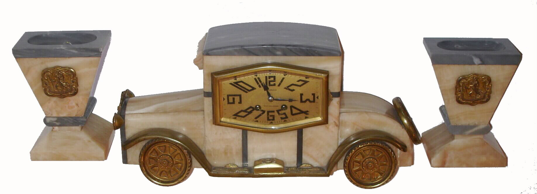 French, Bejeaud, Chateauroux, specialty clock in the form of an early automobile, and with sidepieces, c1920 — Antique Clocks Price Guide