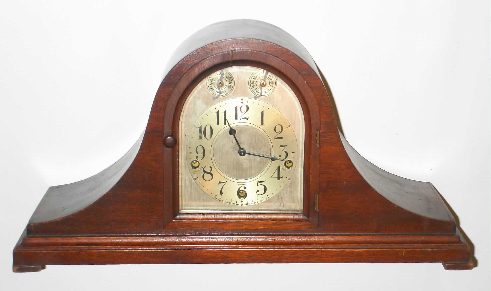 Waterbury Clock Co., Waterbury, Conn., "Chime Clock No. 505" mahogany 8 day Westminster chime tambour mantel clock, c1915 — Antique Clocks Price Guide