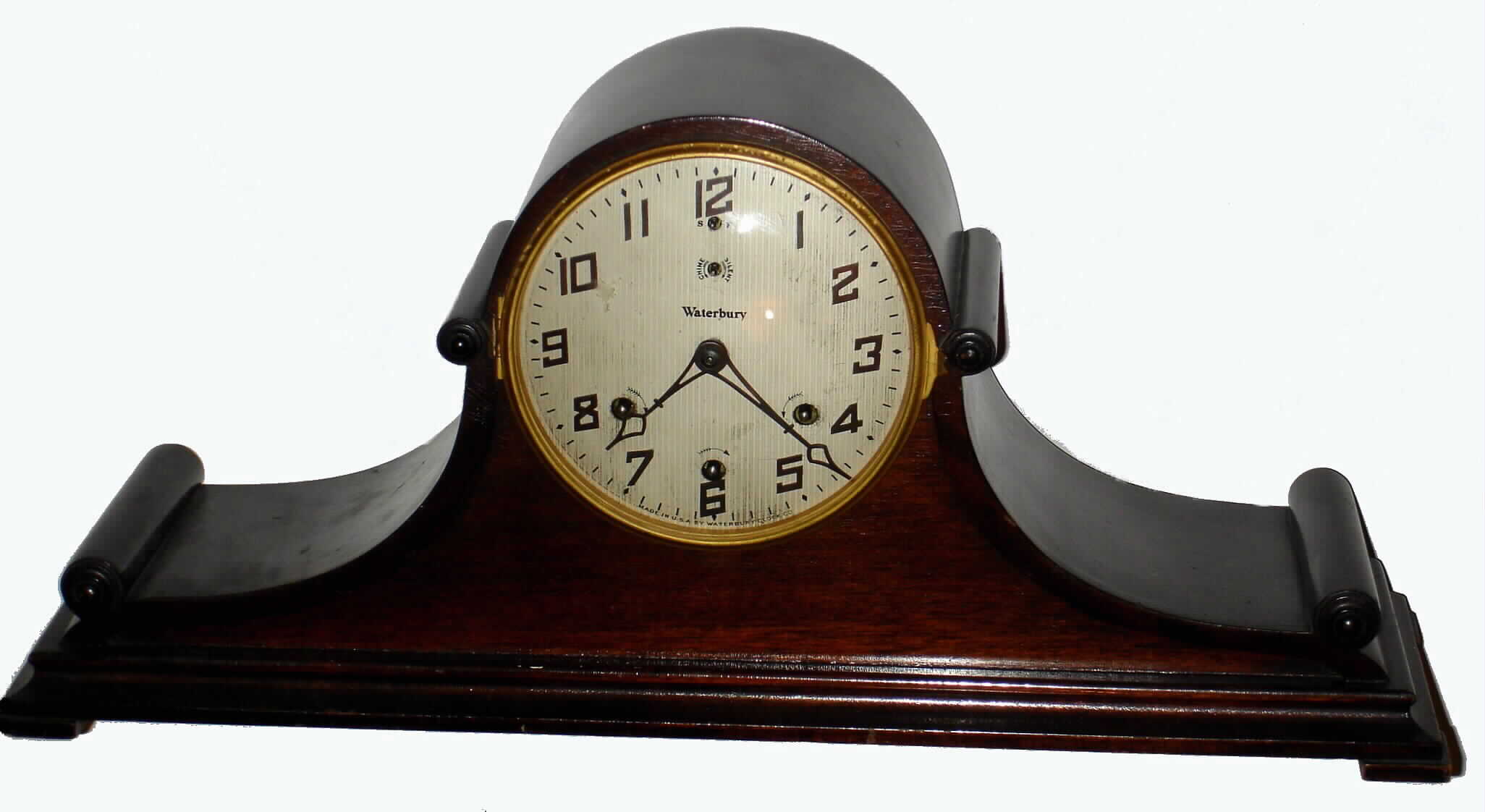 Waterbury Clock Co., Waterbury, Conn., "Chime Clock No. 338" mahogany 8 day Westminster chime tambour mantel clock, c1925 — Antique Clocks Price Guide
